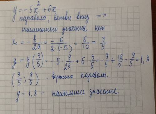 Не выполняя пострения графика функции y= -5x^2+6х найдите её наименьшее или наибольшее значение. с о