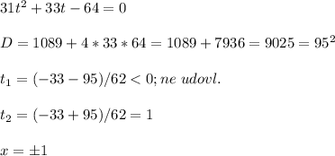 31t^2+33t-64=0\\ \\ D=1089+4*33*64=1089+7936=9025=95^2\\ \\ t_{1} =(-33-95)/62