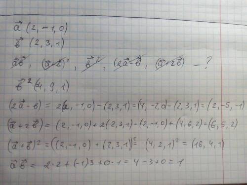 Даны векторы: а{2; -1; 0} b{2; 3; 1} вычислить: ab; b^2 ; (a+b)^2 ; (2a-b)(a+2b)