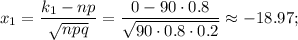 x_1=\dfrac{k_1-np}{\sqrt{npq}}=\dfrac{0-90\cdot0.8}{\sqrt{90\cdot0.8\cdot0.2}}\approx -18.97;