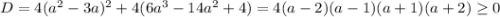 D=4(a^2-3a)^2+4(6a^3-14a^2+4)=4(a-2)(a-1)(a+1)(a+2)\geq 0