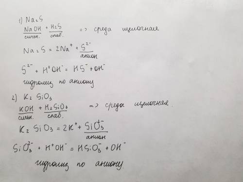 Составьте ионное уравнение гидролиза и определите характер среды в растворах сульфида натрия,силикат