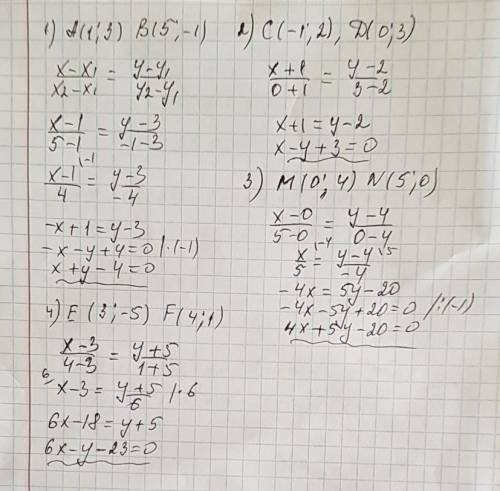 Запишите уравнения прямой, что проходит через точки 1) a (1; 3), b(5; -1) 2) c(-1; 2), d(0; 3) 3) m