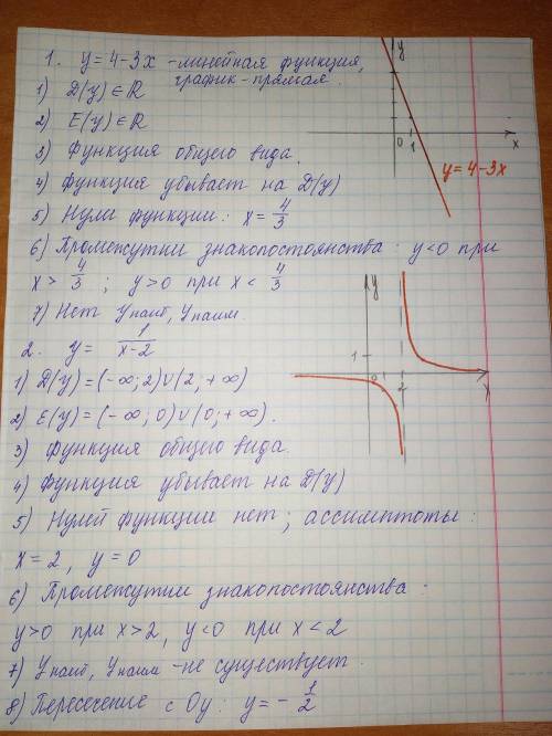 Решить исследуйте функции и постройте их графики 1) у=4-3х 2) у=1/(х-2)