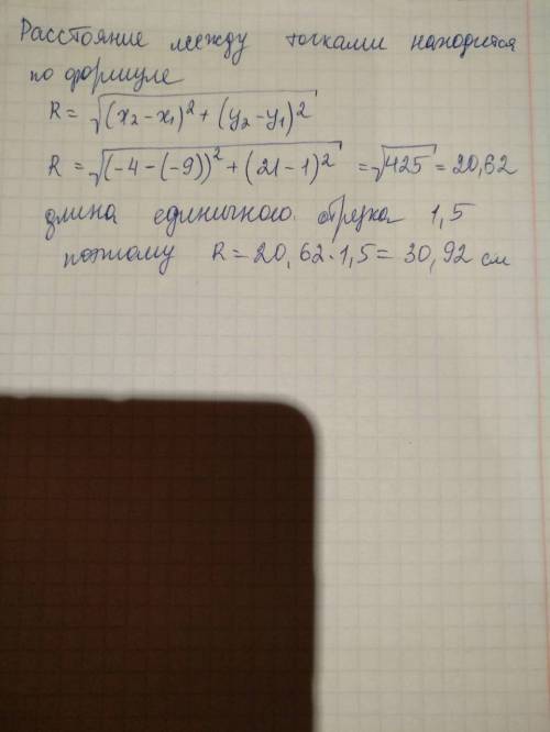 :найдите расстояние между точками a(-9,1) и b(-4,21),если длина единичного отрезка равна 1,5 см