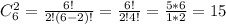 C_{6}^2=\frac{6!}{2!(6-2)!}=\frac{6!}{2!4!}=\frac{5*6}{1*2}=15