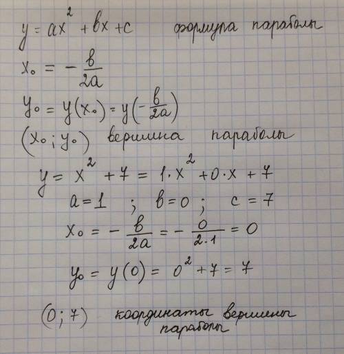 Как найти координаты вершины параболы: y=x^2+7 ? 100 за подробное объяснение.