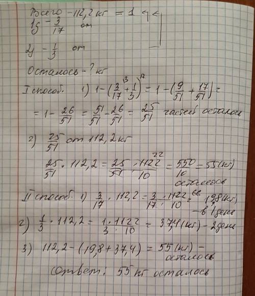 Магазин 112,2 кг фруктов в первый день продали 3 и 17 всех фруктов во 2 день 1/3 всех фруктов скольк