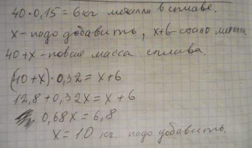 Сплав двух металлов массой в 40кг содержит 15% одного из них. сколько кг этого металла надо добавить