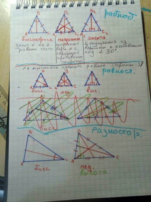 Построить биссектрису, медиану, высоту на треугольниках: равнобедренный, равно сторонний, разносторо