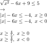 \sqrt{x^2}-6x+9 \leq 5\\ \to\\|x|-6x \leq -4, ~x\geq 0\\|x|-6x \leq -4, ~x < 0\\\\x \geq \frac{4}{5}, ~x\geq 0\\x \geq \frac{4}{7}, ~x