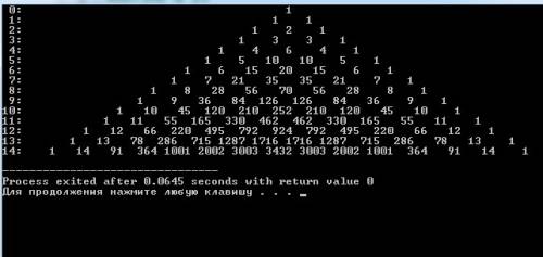 Напишите программу которая отобразит числа в порядке пирамиды паскаля. программа должна вычислить и