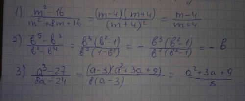 Сократите дробь. 1) m^2-16 m^2+8m+16= 2)b^5-b^3 b^2-b^4 3)a^3-27 8a-24