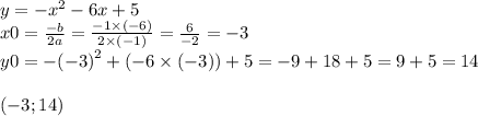 y = - {x}^{2} - 6x + 5 \\ x0 = \frac{ - b}{2a} = \frac{ - 1 \times ( - 6)}{ 2 \times ( - 1)} = \frac{6}{ - 2} = - 3 \\ y0 = - ( { - 3)}^{2} + ( - 6 \times ( - 3)) + 5 = - 9 + 18 + 5 = 9 + 5 = 14 \\ \\ ( - 3;14)