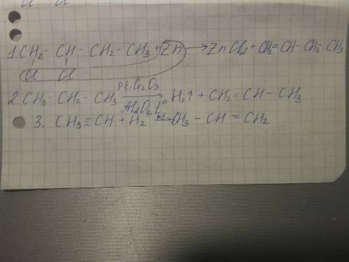 Написать уравнение реакции получения алкенов из 1) 1,2 дихлор бутана 2) пропана 3) пропина