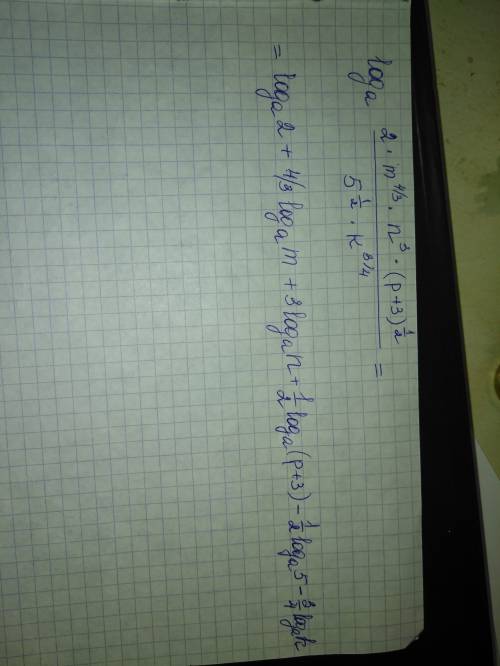 Прологарифмировать выражение по основанию а: a = числитель 2 * ∛m⁴ * n³ * √p+3 знаменатель √5k^3/4