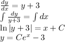 \frac{dy}{dx}=y+3\\ \int\frac{dy}{y+3}=\int dx\\\ln|y+3|=x+C\\ y=Ce^x-3