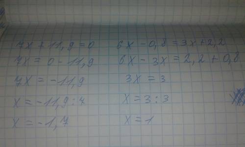 Решить уравнения 7х+11,9=0 6х-0,8=3х+2,2 5х-(7х+7)=9 6х-(2х-5)=2(2х+4)