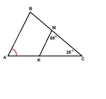 Втреугольнике abc отрезок km параллелен стороне ab,угол вса 26,угол кмс 88 найти величину угла вас н