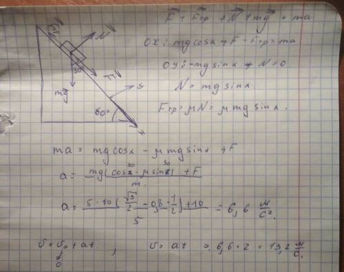 Тело массой 5 кг под действием силы 10 н движется с ускорением вниз по наклонной плоскости с углом н