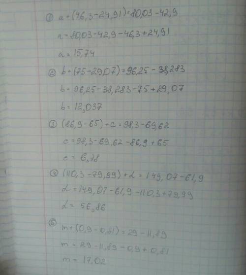 Решите уравнения: a + (46,3-24,91) = 80,03 - 42,9 b + (75-29,07) = 96,25 - 38,283 (86,9 -65) + с = 9