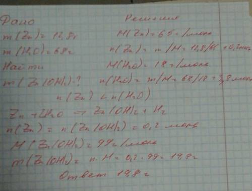 Цинк массой 12.8 г поместили в 68 г воды. вычислите массу образовавшегося гидроксида цинка.