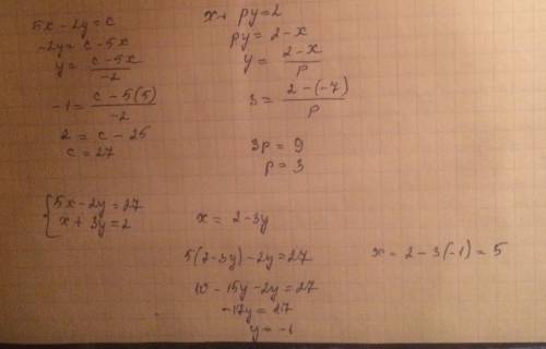 Найти координаты точки пересечения прямых 5х-2у=с и х+ру=2, зная, что первая прямая проходит через т