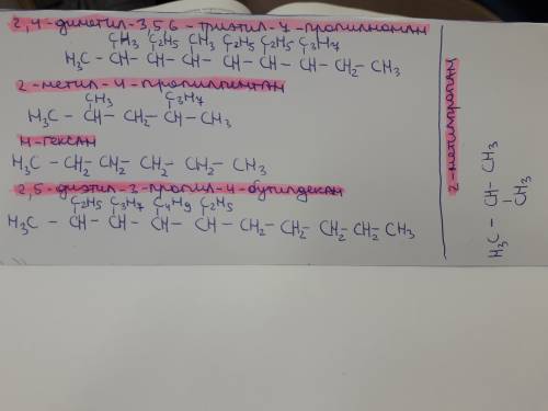 1) 2,4 диметил, 3,5,6 триэтил, 7 пропил,нонан 2) 2 метил , 4 пропил пентан 3) н- гексан 4) 2,5 диэти