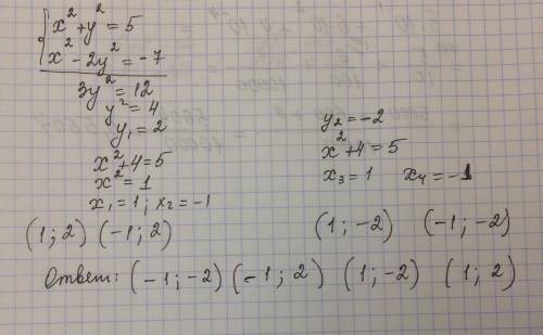 Решите систему уравнений с двумя переменными {x^2+y^2=5 {x^2-2y^2=-7