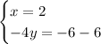 \begin{cases}x=2\\ -4y=-6-6\end{cases}