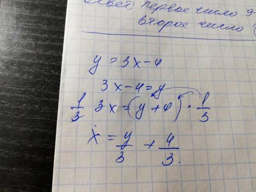 Из формулы y=3x-4 выразите x через y