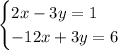 \begin{cases}2x-3y=1\\ -12x+3y=6\end{cases}