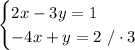 \begin{cases}2x-3y=1\\ -4x+y=2\ /\cdot3\end{cases}