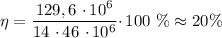 \eta = \dfrac{129,6 \ \cdotp 10^{6}}{14 \ \cdotp 46 \ \cdotp 10^{6}} \cdotp 100 \ \% \approx 20 \%