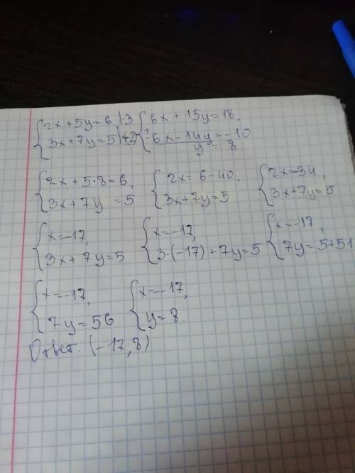 Решите систему уравнений 2x+5y=6 3x+7y=5