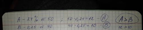 Сравните две величины: «а» есть 24% от числа 50 и «в» есть 0,25 от числа 40