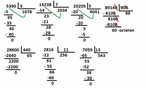 Как решить пример в столбик 5390; 5 14238: 7 20205: 5 18021: 3 89160: 900 28600: 440 2816: 11 7059: