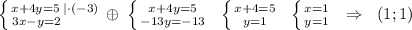 \left \{ {{x+4y=5\; |\cdot (-3)} \atop {3x-y=2\; \qquad }} \right. \oplus \; \left \{ {{x+4y=5} \atop {-13y=-13}} \right. \; \; \left \{ {{x+4=5} \atop {y=1}} \right. \; \; \left \{ {{x=1} \atop {y=1}} \right. \; \; \Rightarrow \; \; (1;1)