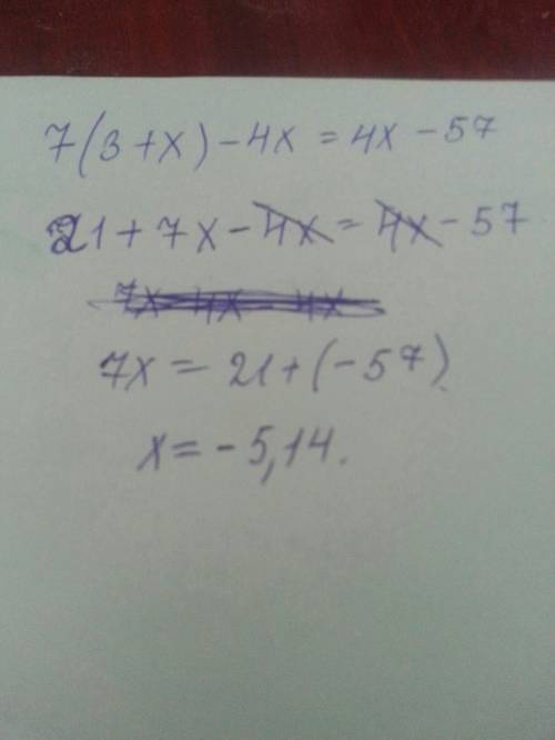 Реши уравнение: 7⋅(3+x)−4x=4x−57. ответ: x=