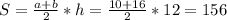 S=\frac{a+b}{2}*h = \frac{10+16}{2}*12=156