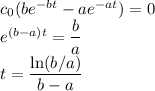 c_0(be^{-bt}-ae^{-at})=0\\e^{(b-a)t}=\dfrac ba\\t=\dfrac{\ln (b/a)}{b-a}