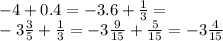 - 4 + 0.4 = - 3.6 + \frac{1}{3} = \\ - 3 \frac{3}{5} + \frac{1}{3} = - 3 \frac{9}{15} + \frac{5}{15} = - 3 \frac{4}{15}