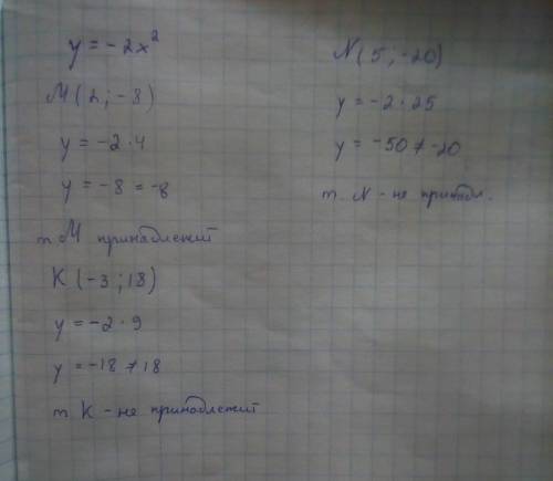 Принадлежат ли точки м (2; -8), к (-3; 18) , n (5; -20) графику функции y=-2x2