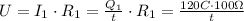 U = I_1 \cdot R_1 = \frac{Q_1}{ t} \cdot R_1 = \frac{120 C \cdot 100 \Omega}{t}