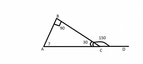 Внешний угол bcd треугольника abc равен 150 градусов найдите угол а если угол b прямой