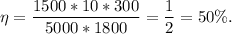 \eta = \dfrac{1500 * 10 * 300}{5000 * 1800} = \dfrac{1}{2} = 50 \%.