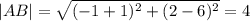 |AB|=\sqrt{(-1+1)^2+(2-6)^2}=4