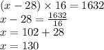 (x - 28) \times 16 = 1632 \\ x - 28 = \frac{1632}{16} \\ x = 102 + 28 \\ x = 130