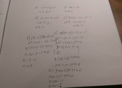 2) решите неравенство – 5х > 0,25. 3) решите неравенство -9х ≤ -45 4)решите неравенство 2 – 5х ≥