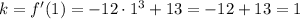 k=f'(1)=-12\cdot1^3+13=-12+13=1